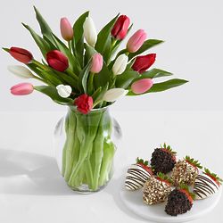 15 Sweetheart Tulips Bouquet with 6 Fancy Dipped Strawberries