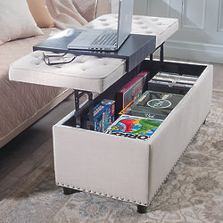Upholstered Lift-Top Storage Beige Ottoman