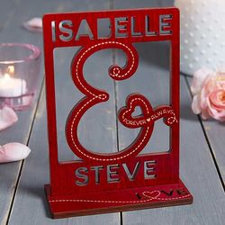 You & I Personalized Red Wood Cutout Plaque
