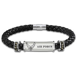 Men's Air Force Personalized Black Braided Leather Bracelet