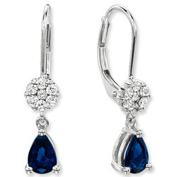 14K White Gold Simple Blue Sapphire Diamond Drop Earrings
