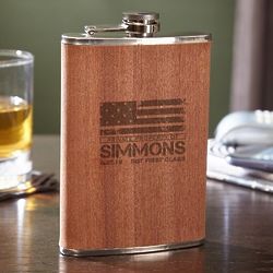 American Heroes 8 oz Flask with Natural Wood Veneer Wrap
