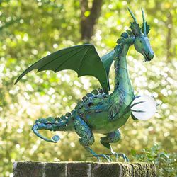 Green Dragon Garden Statue with Solar Pearl