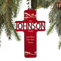 Bless Our Family Personalized Red Wood Cross Ornament