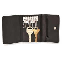 Trifold Key Holder Wallet with Zipper Pouch in Black Leather