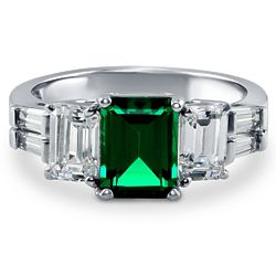 Rhodium-Plated Silver Emerald Simulated Emerald CZ 3-Stone Ring