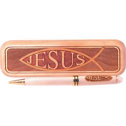 Christian Fish Engraved Wooden Pen and Case