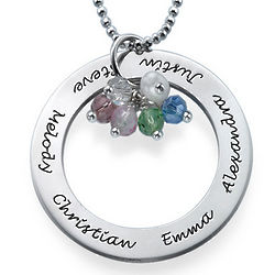 Personalized Name Circle Necklace with Hanging Birthstones