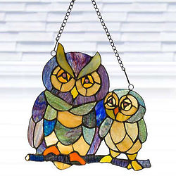 Stained Glass Friendly Owls Window Panel