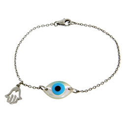 Sterling Silver Blue Evil Eye Bracelet with Hamsa Charm