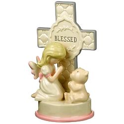 Praying Girl and Teddy Bear Blessed Cross Figurine