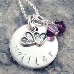 Hand Stamped Double Hearts Necklace with Crystal Dangles