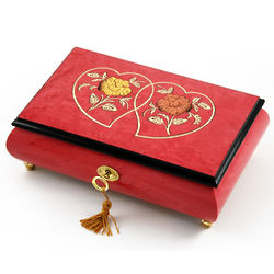 Red Wine Double Heart and Floral Inlay Music Box