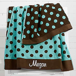 Embroidered Mint/Brown Polka Dot Beach Towel
