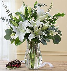 All White Lily Bouquet with Clear Vase