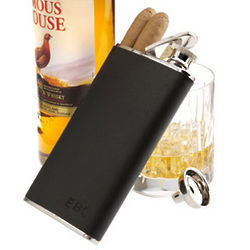 Stainless Steel & Leather Flask with Cigar Holder