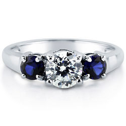 Round Sapphire Cubic Zirconia Sterling Silver 3-Stone Ring
