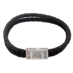 Men's Daring Braid Sterling Silver & Leather Wristband Bracelet