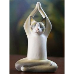 Toward the Sky Yoga Cat Albesia Wood Sculpture