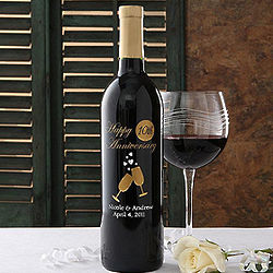 Personalized Anniversary Bottle of Wine with Flute Glass Design