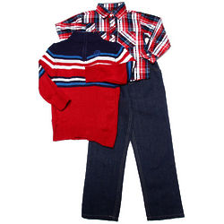 Boy's Mock Neck Sweater, Plaid Woven, and Jeans