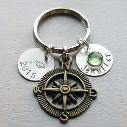 Graduate's Personalized Compass Key Chain with Birthstone