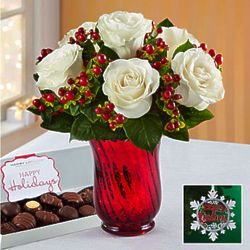 Holiday Charm Bouquet with Red Vase, Ornament & Chocolate