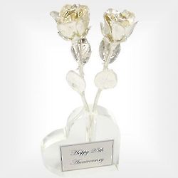 2 Preserved Silver 25th Anniversary Roses in Heart Vase
