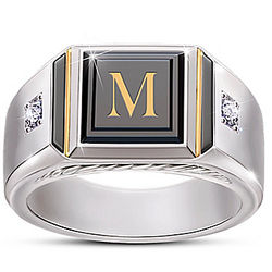 Man of Distinction Onxy Initial Ring with Diamond Accents