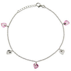 Sterling Silver Anklet with Pink and Clear Crystal Hearts