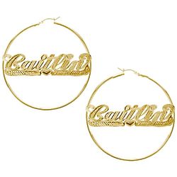 Large Gold Vermeil Classic Style Script Name Hoop Earrings