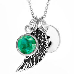 Angel Wing Initial Birthstone Charm Necklace