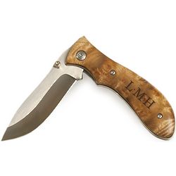 Monogrammed Burl Wood Pocket Knife with 3 Inch Blade