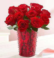 12 Charming Red Roses in Red Mini Hobnail Vase