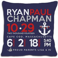 Personalized Birth Announcement Anchor Pillow in Dark Blue