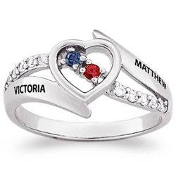 Sterling Silver Couples Genuine Birthstone and Name CZ Ring