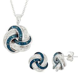 Blue and White Diamond Love Knot Necklace and Earrings Set