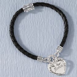 Personalized Name Braided Leather Cubic Zirconia Heart Bracelet
