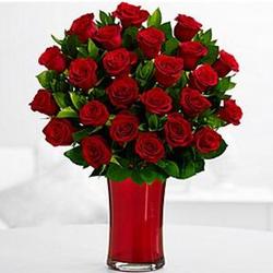 24 Long Stemmed Red Roses with Cherry Vase & Customizable E-Card