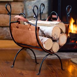Folding Log Rack and Leather Firewood Sling