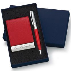 Personalized Red Leatherette Vertical Card Holder and Pen Set