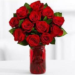 One Dozen Red Roses with Red Mason Jar & Customizable E-Card