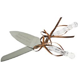 Engraved Knife and Cake Server with Brown Bows