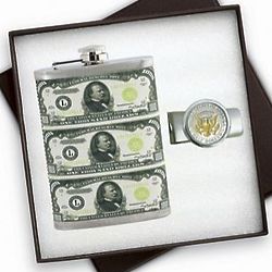 Hip Flask and JFK Half Dollar Money Clip Gift Set