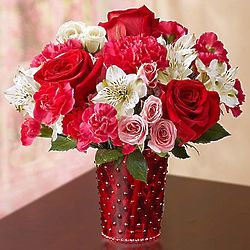 Precious Love Medley Bouquet with Red Mini Hobnail Vase
