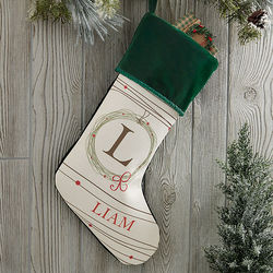 Holiday Wreath Monogrammed Green Christmas Stocking