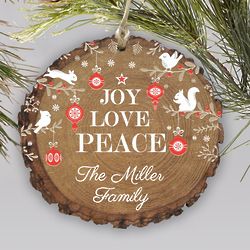 Joy Love Peace Personalized Rustic Christmas Ornament