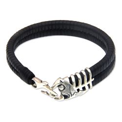Men's Gone Fishing Leather and Silver Bracelet
