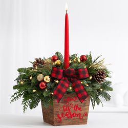 14" Holiday Glam Centerpiece with Holiday Trug and Lights