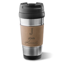 Personalized Name and Monogram Travel Mug in Brown Leatherette